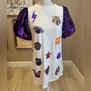 New! QUEEN OF SPARKLES Purple & Orange Icon Poof Sleeve Dress